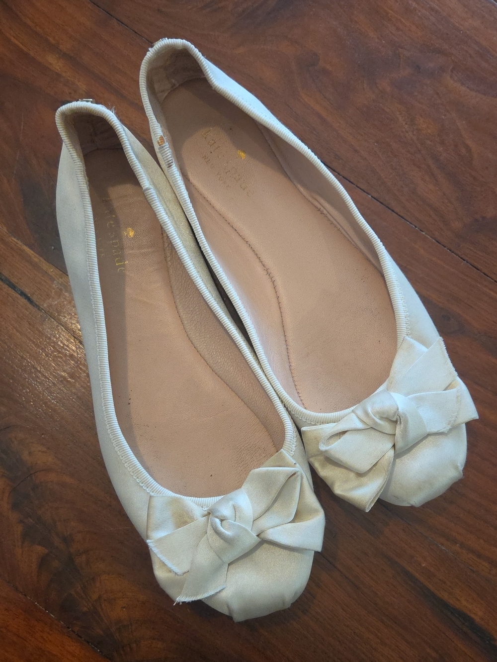 Kate Spade Ivory White Bow Ballet Flats Satin Leather